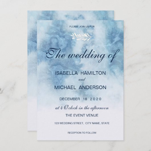 ほこりっぽい青い冬のスクリプト書道ホワイトブランチ 招待状 (正面/裏面)