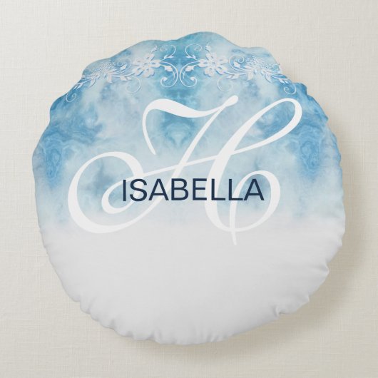 ほこりっぽい青い冬の台本の書道モノグラム ラウンドクッション (裏面)