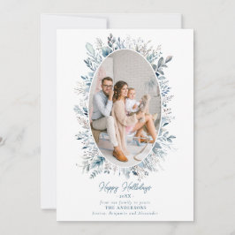 ほこりっぽい青い冬の葉のリースファミリーフォトシック シーズンカード