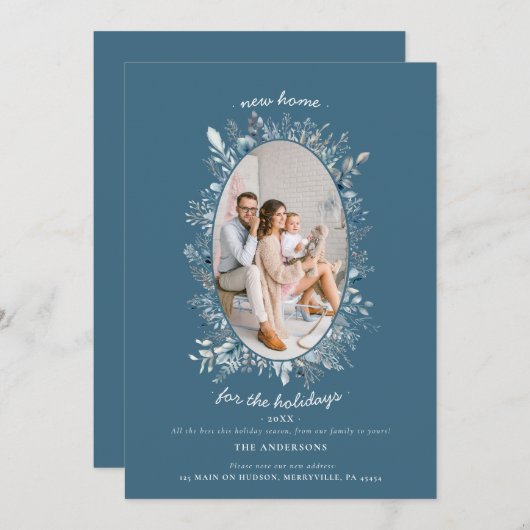 ほこりっぽい青い冬の葉の新しいホーム家族の写真 シーズンカード (正面/裏面)