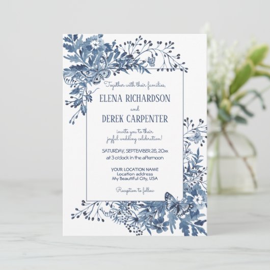ほこりっぽい青い国の花ウォーターカラーアート結婚ズ 招待状 (スタンド正面)