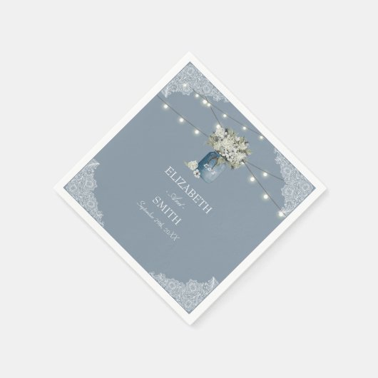 ほこりっぽい青い国ホワイトレースの組み合結婚わせ スタンダードカクテルナプキン (角)