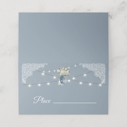 ほこりっぽい青い国ホワイトレースの組み合結婚わせ プレイスカード (外部開封)