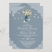 ほこりっぽい青い国ホワイトレースの組み合結婚わせ 招待状 (正面/裏面)