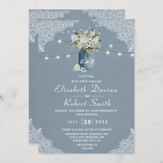 ほこりっぽい青い国ホワイトレースの組み合結婚わせ 招待状 (正面/裏面)