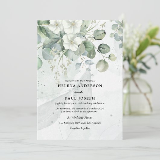 ほこりっぽい青い多肉性ユーカリ結婚カリ 招待状 (スタンド正面)