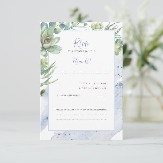 ほこりっぽい青い多肉植物グリーンウェディングRSVP 出欠カード (スタンド正面)