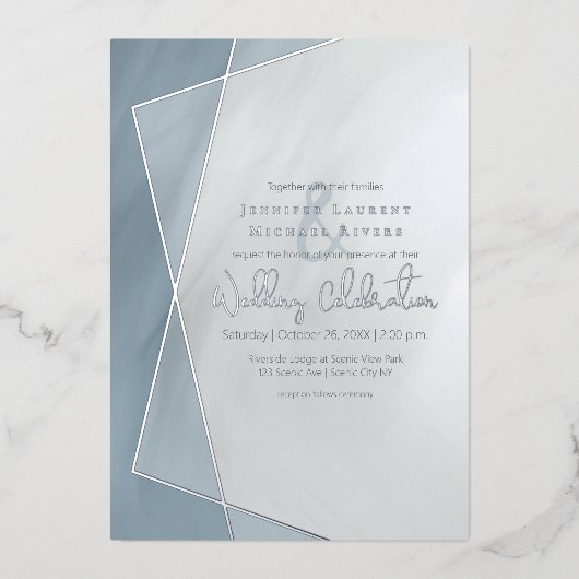 ほこりっぽい青い幾何結婚タイポグラフィ銀 箔招待状 (正面)