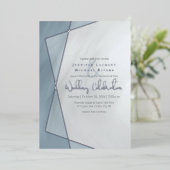 ほこりっぽい青い幾何結婚タイポグラフィ銀 箔招待状 (立ち正面)