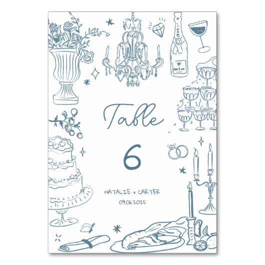 ほこりっぽい青い手お洒落引き結婚の テーブルナンバー (正面)