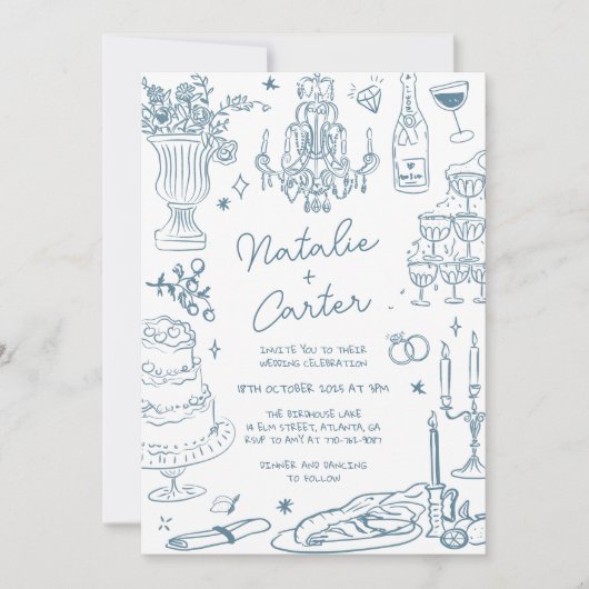 ほこりっぽい青い手お洒落引き結婚の 招待状 (正面)