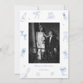 ほこりっぽい青い手描き結婚式の日付写真を保存 招待状 (裏面)