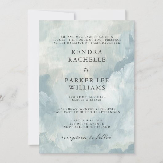 ほこりっぽい青い抽象芸術のブラシモダンストロ結婚ーク 招待状 (正面)