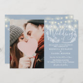 ほこりっぽい青い文字列ライトフローラ結婚写真 招待状 (正面/裏面)