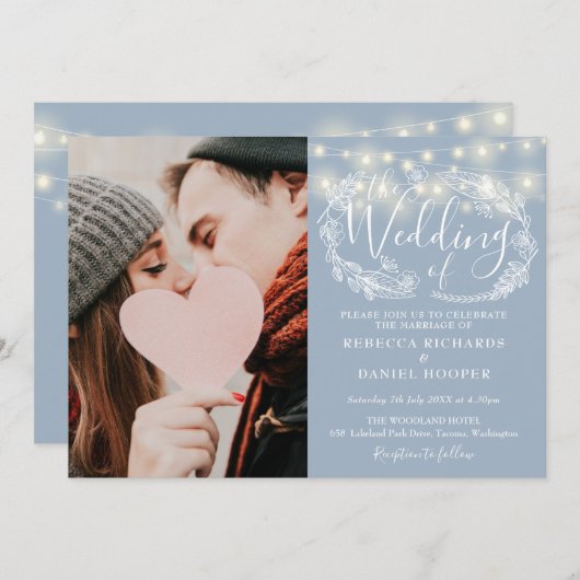 ほこりっぽい青い文字列ライトフローラ結婚写真 招待状 (正面/裏面)