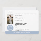 ほこりっぽい青い旅行パスポートボーイ赤ちゃんシャワー 招待状 (裏面)