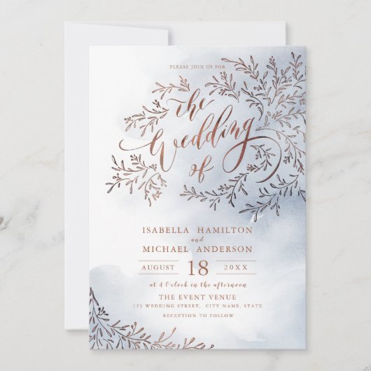 ほこりっぽい青い書道の素朴なフローラ結婚の 招待状 (正面)