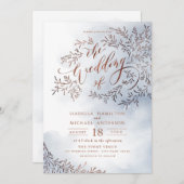 ほこりっぽい青い書道の素朴なフローラ結婚の 招待状 (正面/裏面)