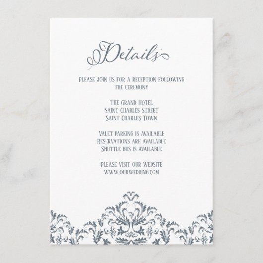 ほこりっぽい青い書道エレガントな結婚式の詳細 エンクロージャーカード (正面)