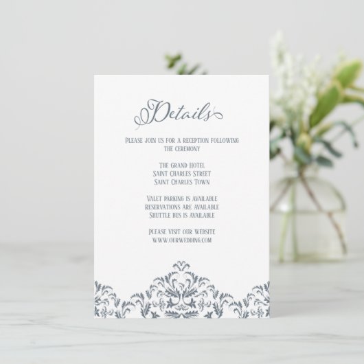 ほこりっぽい青い書道エレガントな結婚式の詳細 エンクロージャーカード (スタンド正面)