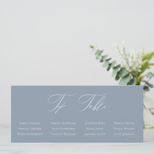 ほこりっぽい青い書道トップテーブルのシーティングカード 招待状 (スタンド正面)