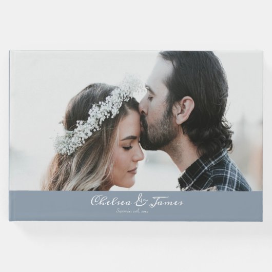 ほこりっぽい青い書道台本の写真結婚の写真 ゲストブック (正面)