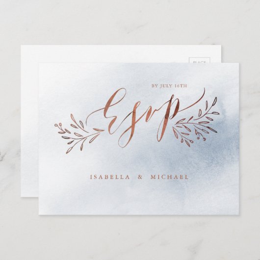 ほこりっぽい青い書道素朴なフローラ結婚式RSVP インビテーションポストカード (正面/裏面)
