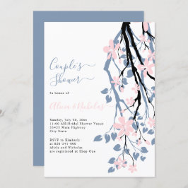 ほこりっぽい青い枝、ピンクの花のカップルのシャワー 招待状