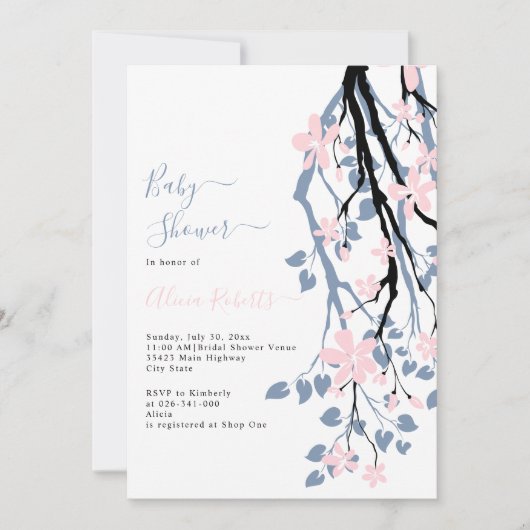 ほこりっぽい青い枝、ピンク色の花の赤ちゃんシャワー 招待状 (正面)