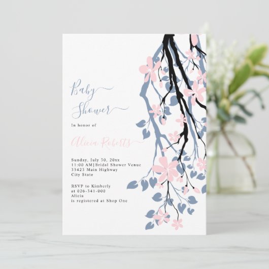ほこりっぽい青い枝、ピンク色の花の赤ちゃんシャワー 招待状 (スタンド正面)