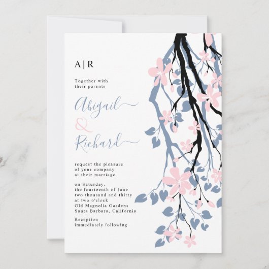 ほこりっぽい青い枝、赤面の花のイニシャル 招待状 (正面)