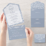 ほこりっぽい青い植物学No 結婚 Envelopes オールインワン招待状<br><div class="desc">封筒はいらない！白いボタニカルエレガントと、ほこりっぽい青い背景（または任意の色）のドット、これらの3つ折りの結婚式招待状は、セクションではシックなレタリングであなたの詳細を特色とし、ゲストが完全に戻って来るための取り外し可能なRSVPカード。**RSVPカードに切手を貼り、差出人住所とゲストの住所がこれらの招待状に表示される招待状の裏面に切手を貼ることをお忘れなく、郵送に必要な封筒がない。ライブデザインサービス救済は、必要なデザインレイアウトをもし使用できる。私たちの店でより多くの色。</div>