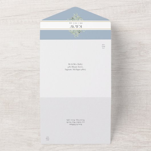 ほこりっぽい青い植物性の結婚緑 オールインワン招待状 (外側)