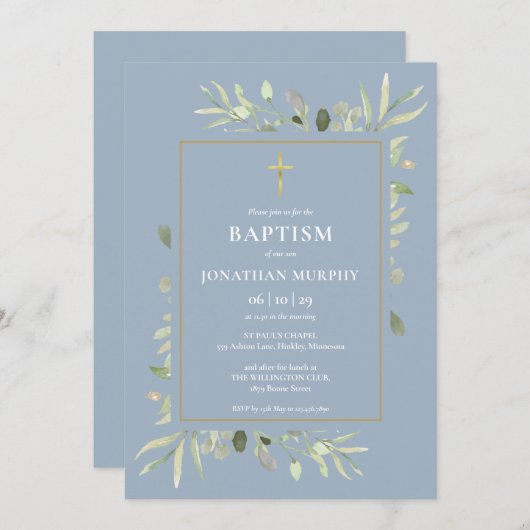 ほこりっぽい青い植物性の緑の少年バプテスマ 招待状 (正面/裏面)