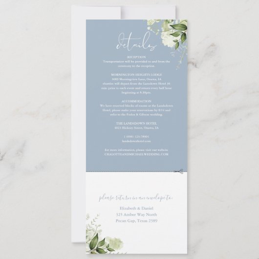 ほこりっぽい青い植物性の緑結婚が 招待状 (裏面)