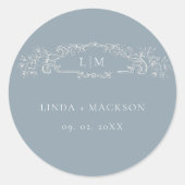 ほこりっぽい青い植物性冠モノグラム結婚ズ ラウンドシール (正面)