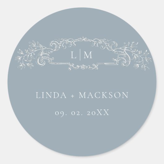 ほこりっぽい青い植物性冠モノグラム結婚ズ ラウンドシール (正面)