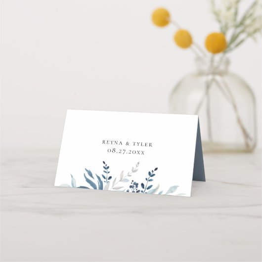 ほこりっぽい青い植物結婚の葉の食事のアイコン プレイスカード (裏面)