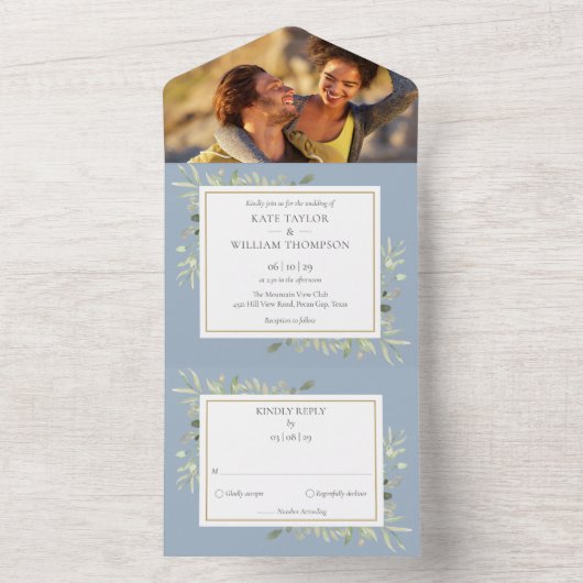 ほこりっぽい青い植物緑離れの写真結婚の写真 オールインワン招待状 (内側)