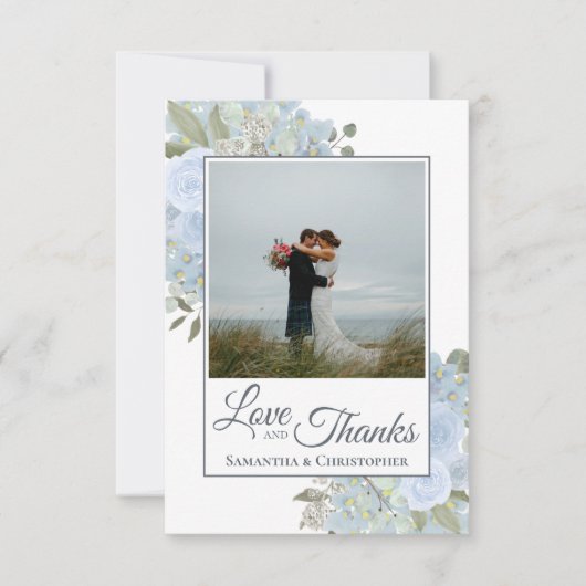 ほこりっぽい青い水の色のフローラ写真とノート結婚ズ サンキューカード (正面)