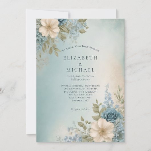 ほこりっぽい青い水の色のフローラ結婚ズ 招待状 (正面)
