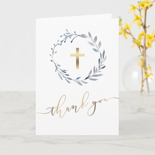 ほこりっぽい青い水の色のリース宗教的ありがとう カード (黄色い花)