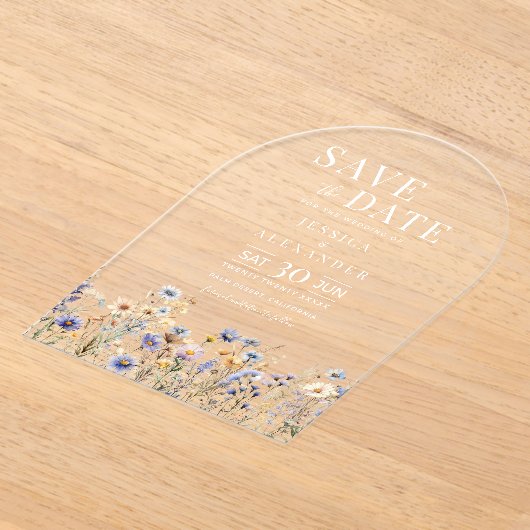 ほこりっぽい青い水の色のワイルドフラワー結婚ズアーチ アクリル招待状 (レイダウン)