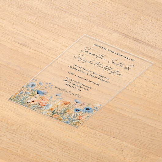 ほこりっぽい青い水の色のワイルドフラワー結婚ズ アクリル招待状 (レイダウン)