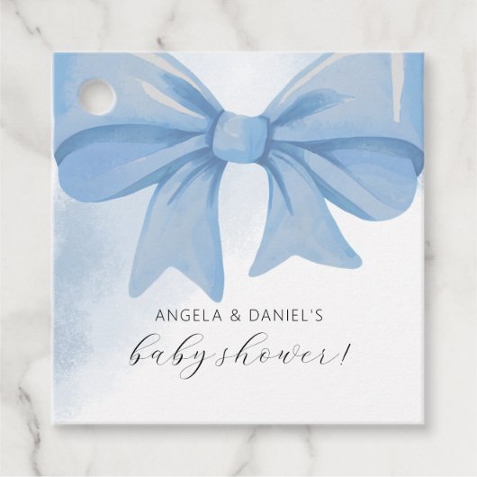ほこりっぽい青い水の色の弓ベビーシャワー フェイバータグ (正面)