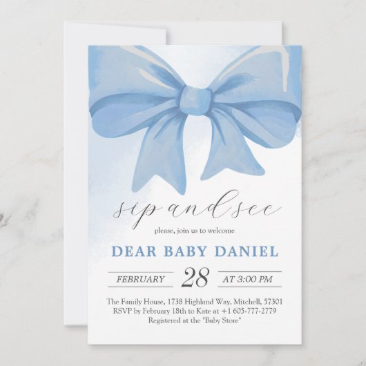 ほこりっぽい青い水の色の弓ベビーシャワーsipと見る 招待状 (正面)