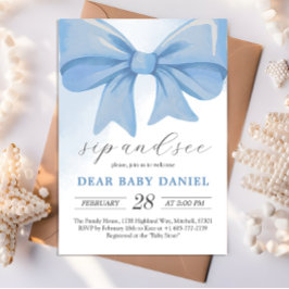 ほこりっぽい青い水の色の弓ベビーシャワーsipと見る 招待状