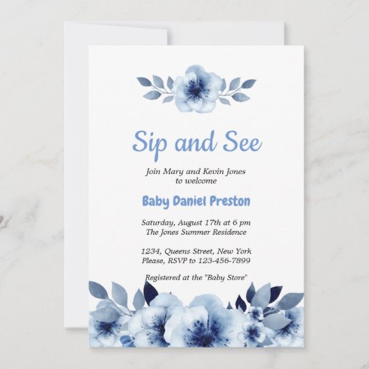 ほこりっぽい青い水の色のsipと赤ちゃんのシャワーを参照 招待状 (正面)