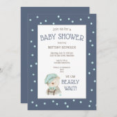 ほこりっぽい青い水の色ウッドランドベア赤ちゃんシャワー 招待状 (正面/裏面)