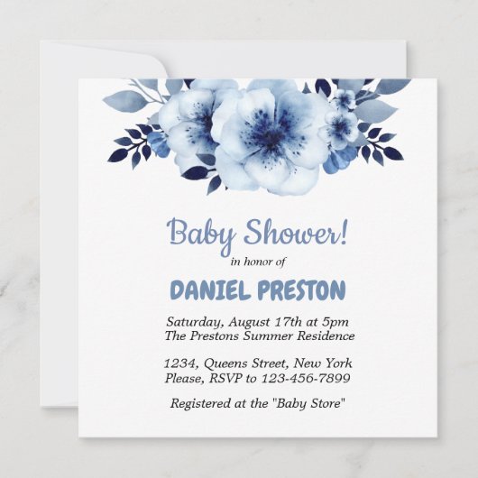 ほこりっぽい青い水の色ベビーシャワー 招待状 (正面)